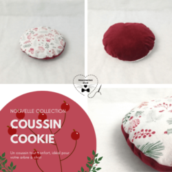 Boutique Cookie baies rouges - Boutique balle Baies rouges -coussin rond pour chat design spécial arbre à chat de couleur rouge et blanc avec motifs baies hivernales Modèle Cookie