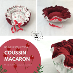 Boutique Macaron baies rouges - coussin rond avec rebords pour chat design spécial cocooning de couleur rouge et blanc avec motifs baies hivernales Modèle Macaron